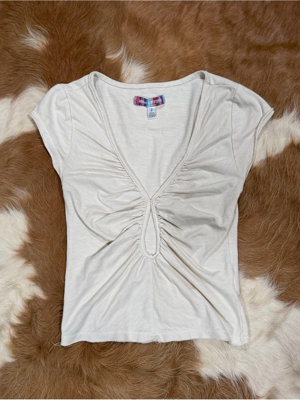 Urban Outfitters Cream Ruched Keyhole V-Neck Tee